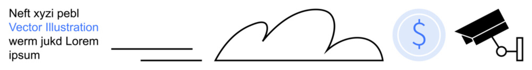 Cloud technology, digital payments, data privacy, online surveillance, financial systems, technology icons. Minimalistic cloud, surveillance camera and dollar symbol. Cloud and digital payments