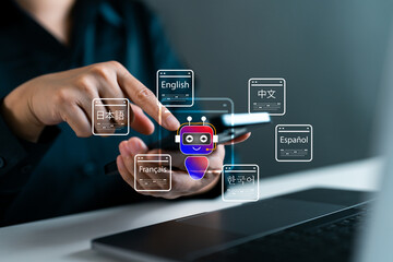 Person using smartphone with AI chatbot and multiple language options, translation multilingual support, artificial intelligence and global communication in digital technology.