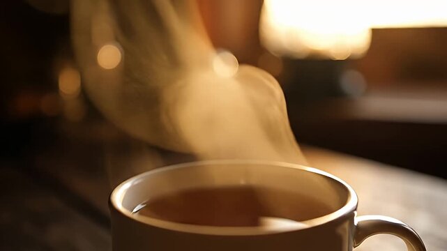 Cozy Morning - Steaming Cup of Coffee in Warm Light.