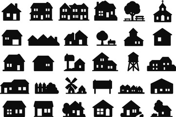 Fototapeta premium 30 Neighborhood and Community Solid Black Silhouette Icons Set on White Background