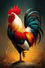 Colorful Rooster Portrait Standing in a Golden Wheat Field at Sunrise created with Generative AI Technology, ai, generative