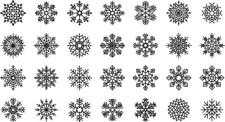 Outline Snowflake Icons Set, Diverse Linear Black and White Snow Flake Symbols for Christmas, Winter Holiday Decoration, Simple Vector Collection