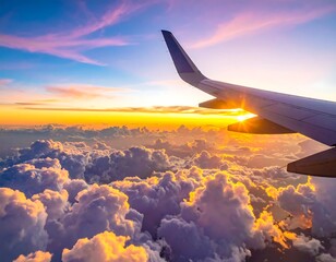 Airplane wing, golden sun, and fluffy clouds at sunset