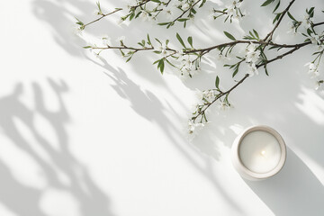 Spring Blossoms with Candle on Minimal White Background