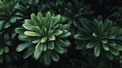 Close up view of lush green tropical plants with detailed leaf veins dark background