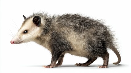 A gray and white opossum with dark ears and a pink nose stands facing left on a white background