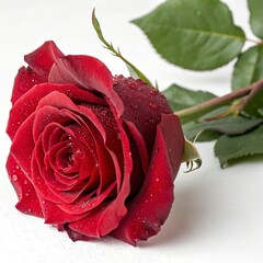 Single Red Rose Lying Down with Water Droplets on White Background