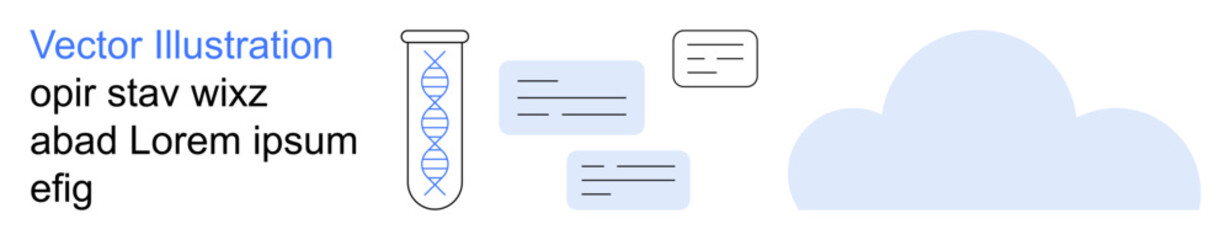 Technology, cloud storage, scientific research, data processing, bioinformatics, digital records. Laboratory DNA test tube, cloud icon and data files. Cloud computing and scientific research
