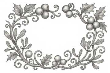 Vintage christmas frame drawing featuring holly, mistletoe, and berries with decorative swirls, transparent background
