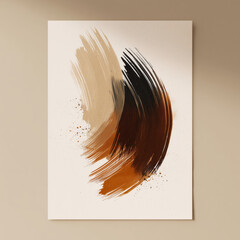Abstract modern poster art with fluid brown and black brush strokes on beige paper background