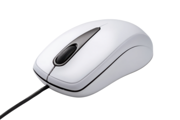 White computer mouse with black scroll wheel on black background technology object, Png, Isolated on Transparent Background, Cut Out