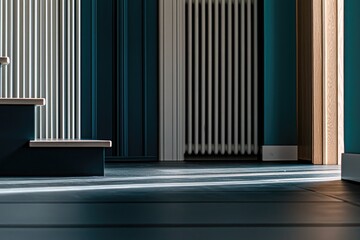 modern interior close-up with dark blue walls, vertical slats, radiator, and soft sunlight for minimalist architecture design
