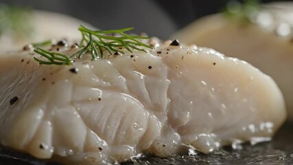 A delectable closeup shot of a perfectly cooked white fish fillet generously seasoned with freshly ground black pepper and elegantly garnished with vibrant green dill showcasing a healthy and gourmet.