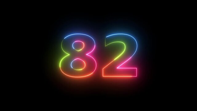 Neon number 82 glowing on black background