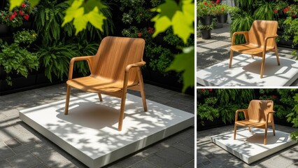 Fototapeta premium Modern Wooden Armchair in Lush Green Garden Setting