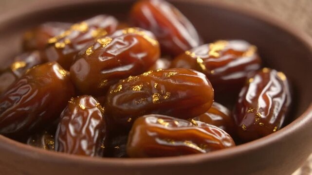 Close-up of delicious brown dates in a rustic bowl, ready to be eaten.