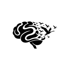 Black silhouette of a human brain with a flock of birds flying out, symbolizing freedom of thought and mental liberation.