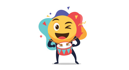 Cheerful and energetic winking face emoji character playing a red and white drum with drumsticks in a festive celebration.