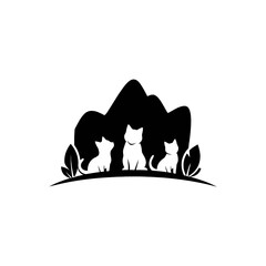 Three black cat silhouettes sitting in front of a mountain with leaves, minimalist design.