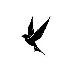 Elegant black silhouette of a bird in graceful flight against a clean white background.