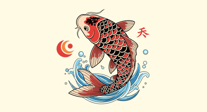 Traditional Japanese koi carp fish jumping out of the water, illustrated in a classic art style with waves and symbols.