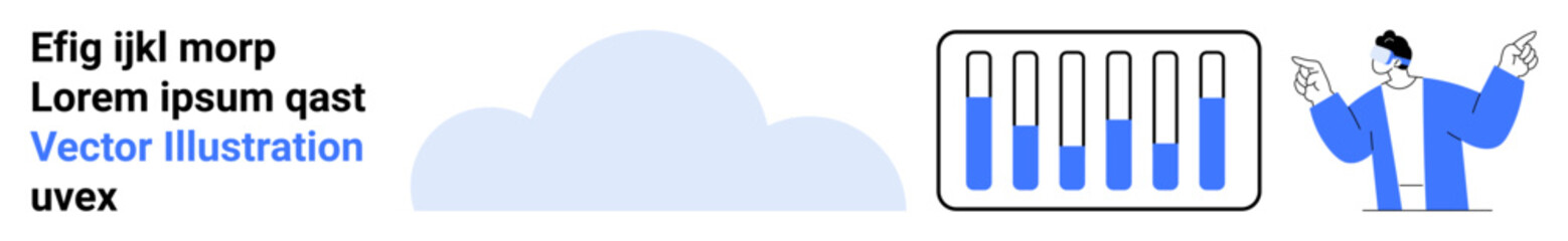 Person in formal attire presenting a bar graph with varying levels, paired with a cloud motif. Ideal for business analysis, data presentation, cloud services, marketing, education, creativity