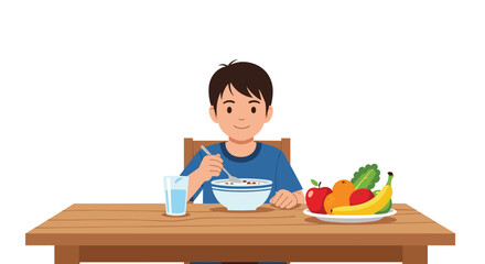 Young boy enjoying a nutritious breakfast of cereal at a table with a glass of water and a plate of fresh fruit.