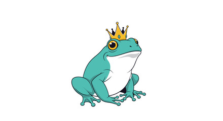Charming green frog prince wearing a small golden crown, sitting regally and waiting for a kiss, from a classic fairy tale.