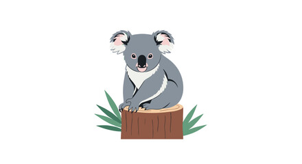 Cute grey koala bear sitting on a tree stump with eucalyptus leaves, looking directly at the viewer with a friendly face.
