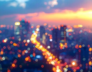 Bokeh cityscape at dusk, blurred lights creating an abstract aesthetic