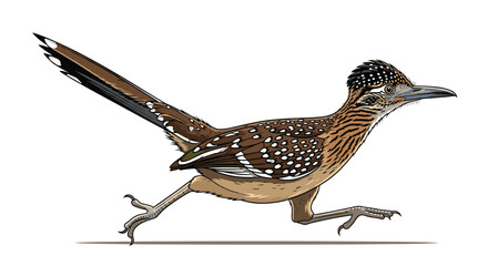 Detailed illustration of a greater roadrunner bird running at high speed, isolated against a clean white background.