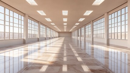 Empty modern brightly lit spacious hall with large grid windows on both sides Sunlit reflective marble floor with