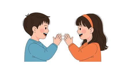 Happy young boy and girl facing each other and playing the clapping hand game patty-cake with big smiles on their faces.