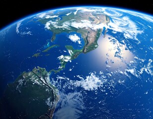 A vibrant, detailed illustration of Earth from space, focusing on the Americas, showcasing landmasses, oceans, and atmospheric clouds