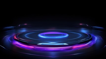 Obraz premium Dark abstract background features glowing blue and pink concentric rings on a sleek futuristic podium