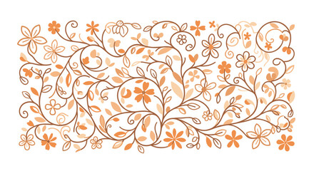 Intricate and beautiful hand-drawn floral pattern with swirling vines, leaves, and orange flowers on a clean background.