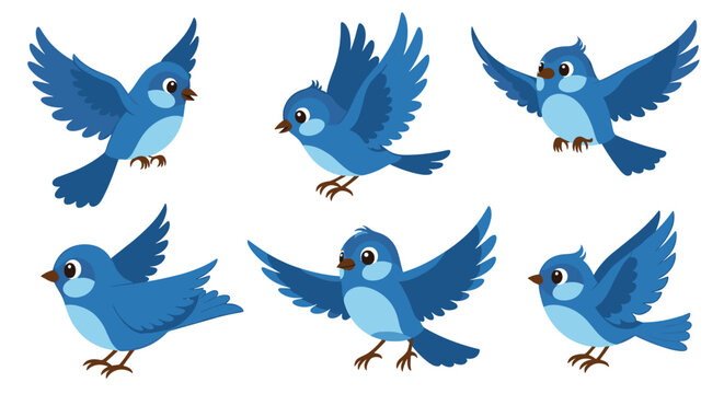 Set of six cute cartoon blue birds in various flying and soaring poses, showing different stages of flight on white background.