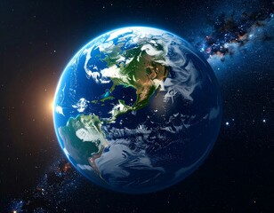 Fototapeta premium A vibrant, detailed illustration of planet Earth in space. The planet has a blue oceans, green continents, and visible atmospheric clouds