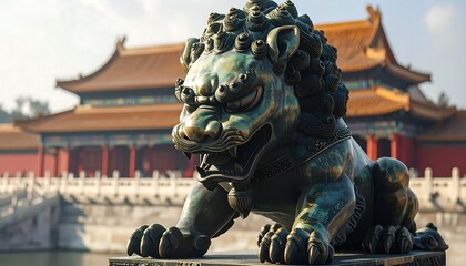 Bronze sculpture of a lion-like creature in front of a Chinese palace