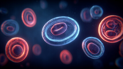 A cluster of floating cellular organisms illustrating biological processes, medical research and microscopic life systems.
