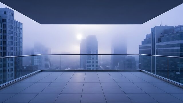 Empty square room with Glass railings and tile floor rooftops with eary morning city skyline background