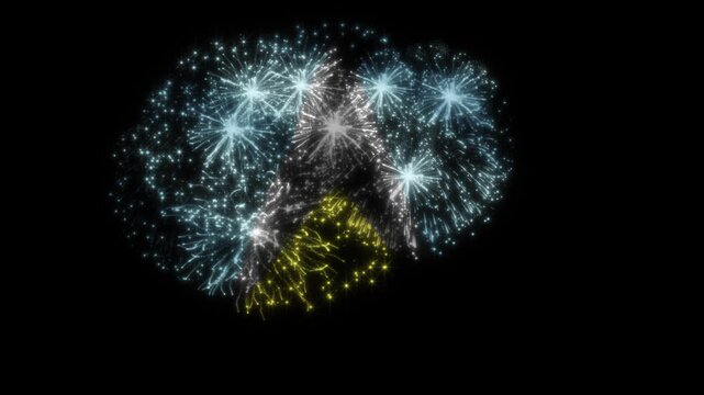 Saint Lucia Flag Fireworks Animation – National Day Celebration Pyrotechnic Effect with Flag-Shaped Fireworks on Black Background - Powered by Adobe