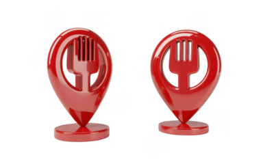 Red fork and spoon location markers isolated on a transparent background