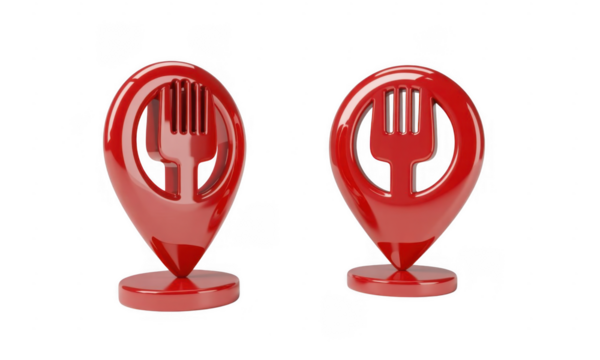Red fork and spoon location markers isolated on a transparent background - Powered by Adobe