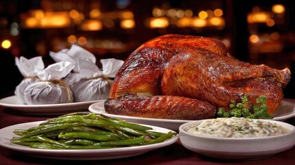 Obraz premium A beautifully roasted whole poultry dish served with green beans and stuffing.