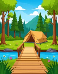 Cartoon campsite scene tent, bridge, trees, mountain, stream, and nature