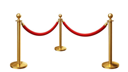 Gold stanchions with red velvet rope barrier on transparent background
