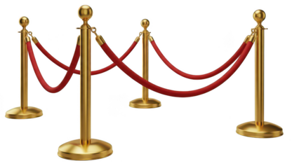 Gold stanchions with red velvet ropes on transparent background
