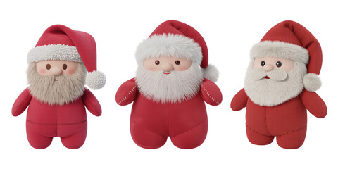 Cute Plush Santa Claus Dolls in Red Outfits Isolated on White Background – Christmas Decoration PNG