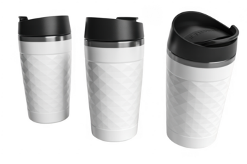 White travel mugs with black lids and diamond pattern isolated on a transparent background